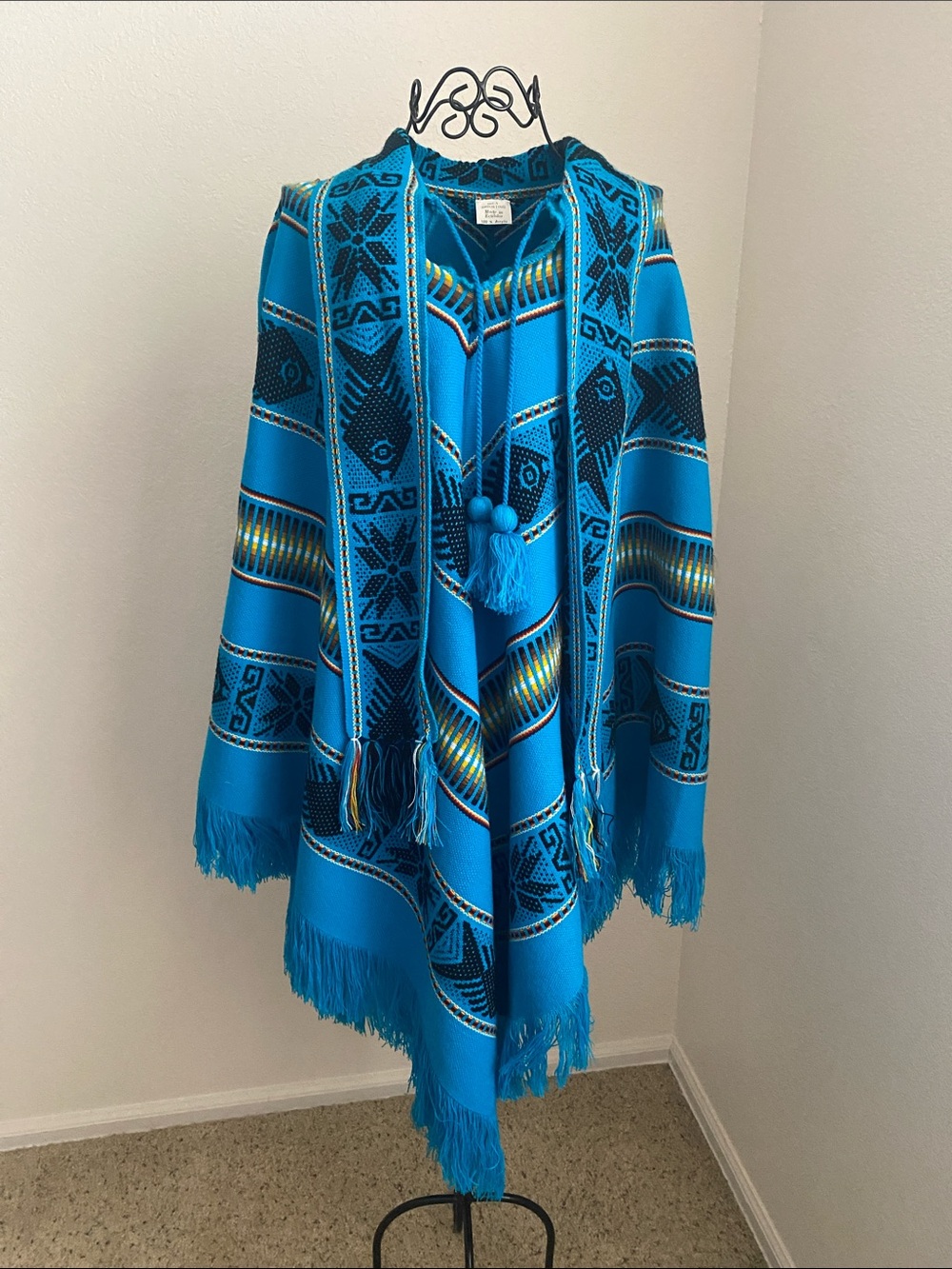 Turquoise Patterned Fringe Poncho Cape with Tassel Tie